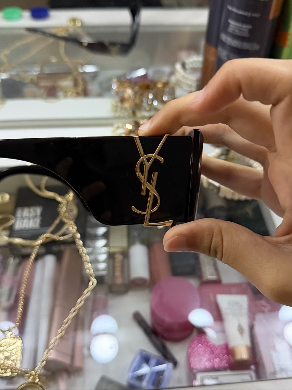 YSL Women's Black Sunglasses with Gold Monogram Accent